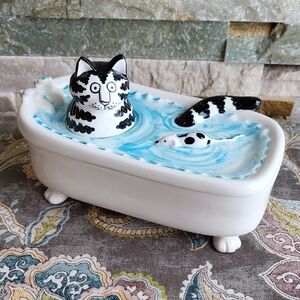 Vintage Collectible Kliban Cat in Bathtub Trinket Box